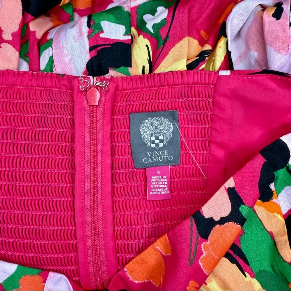 Vince Camuto Pink and Orange Floral Puff Sleeve Tiered‎ Midi Dress - Picture 6 of 7